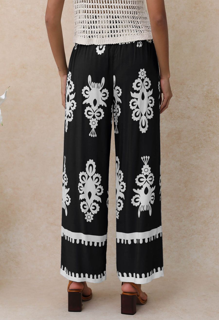 Tile Printed Shirred Waist Pants in Black
