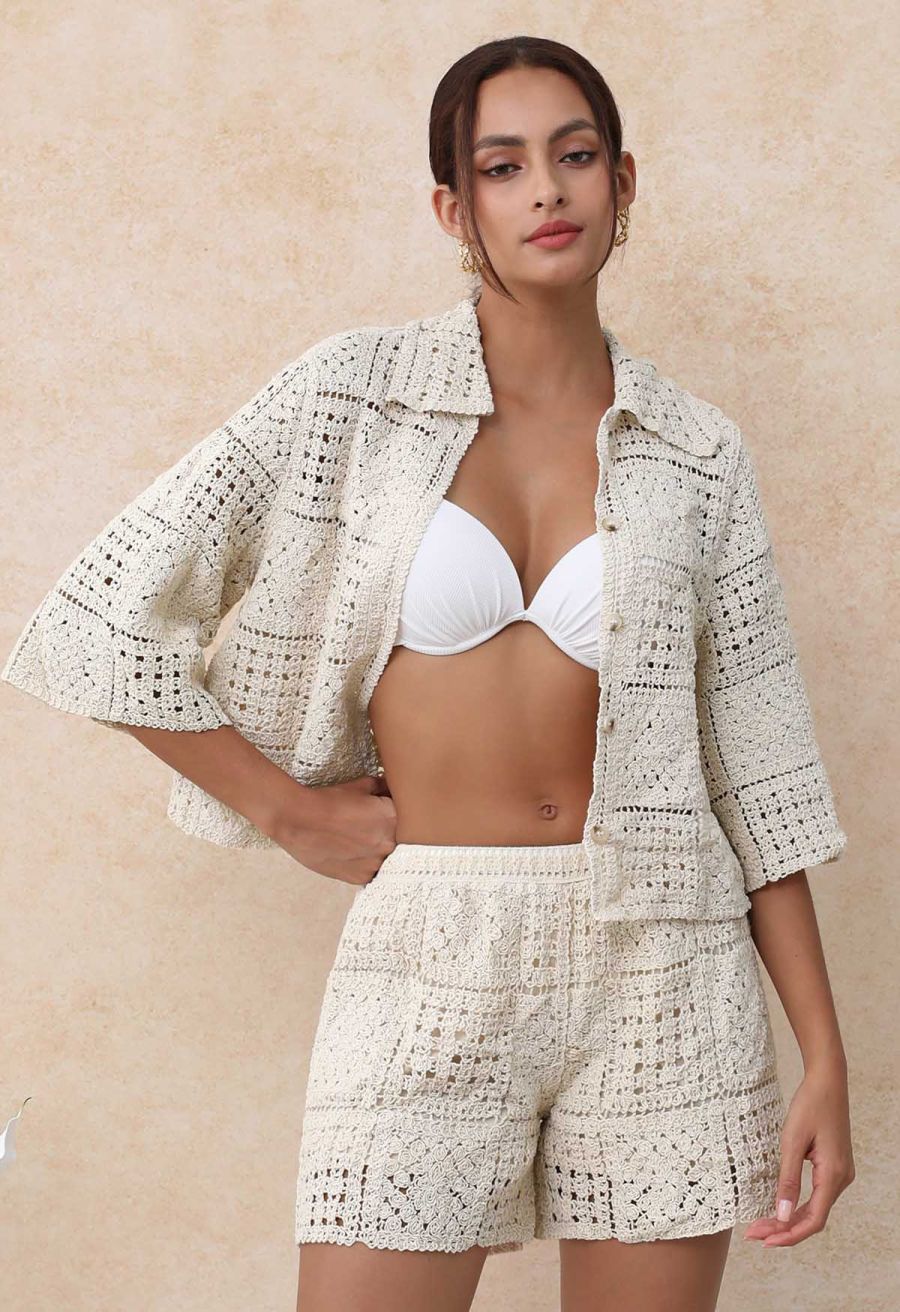 Collared Open-Knit Crochet Elbow Sleeve Top