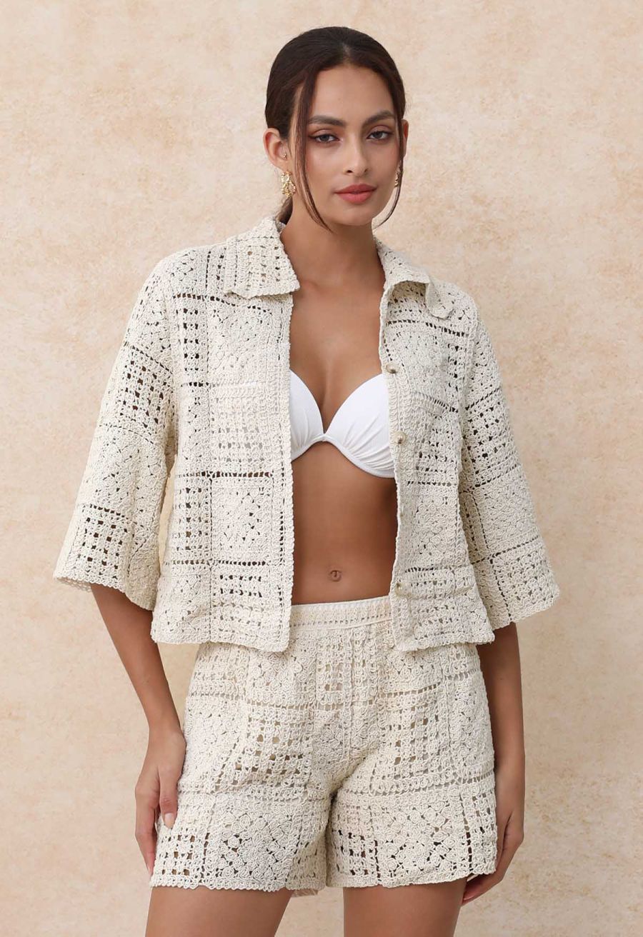 Elastic Waist Open-Knit Crochet Shorts