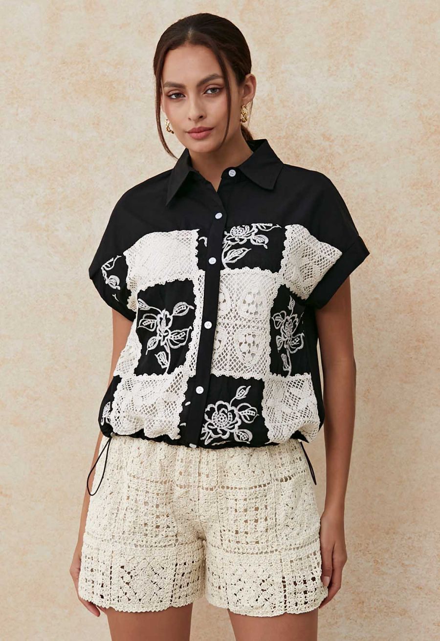 Crochet Patchwork Spliced Rose Embroidery Shirt in Black