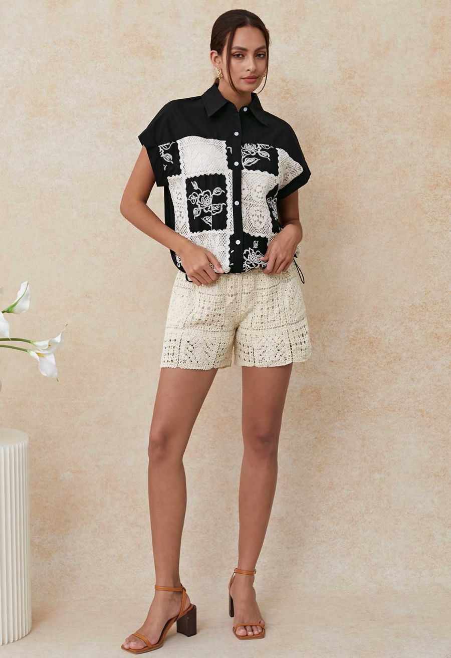 Crochet Patchwork Spliced Rose Embroidery Shirt in Black