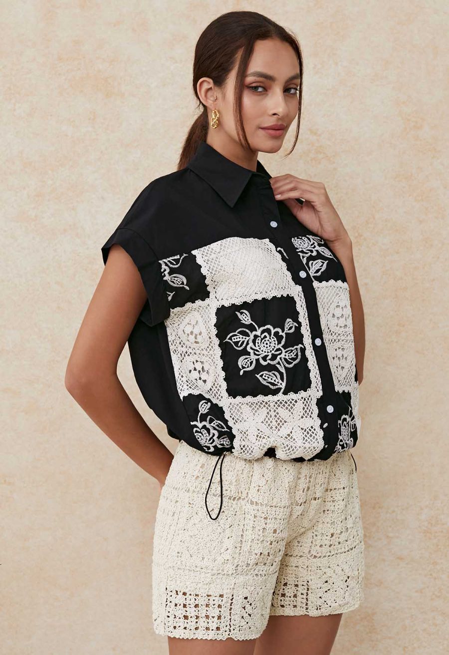 Crochet Patchwork Spliced Rose Embroidery Shirt in Black