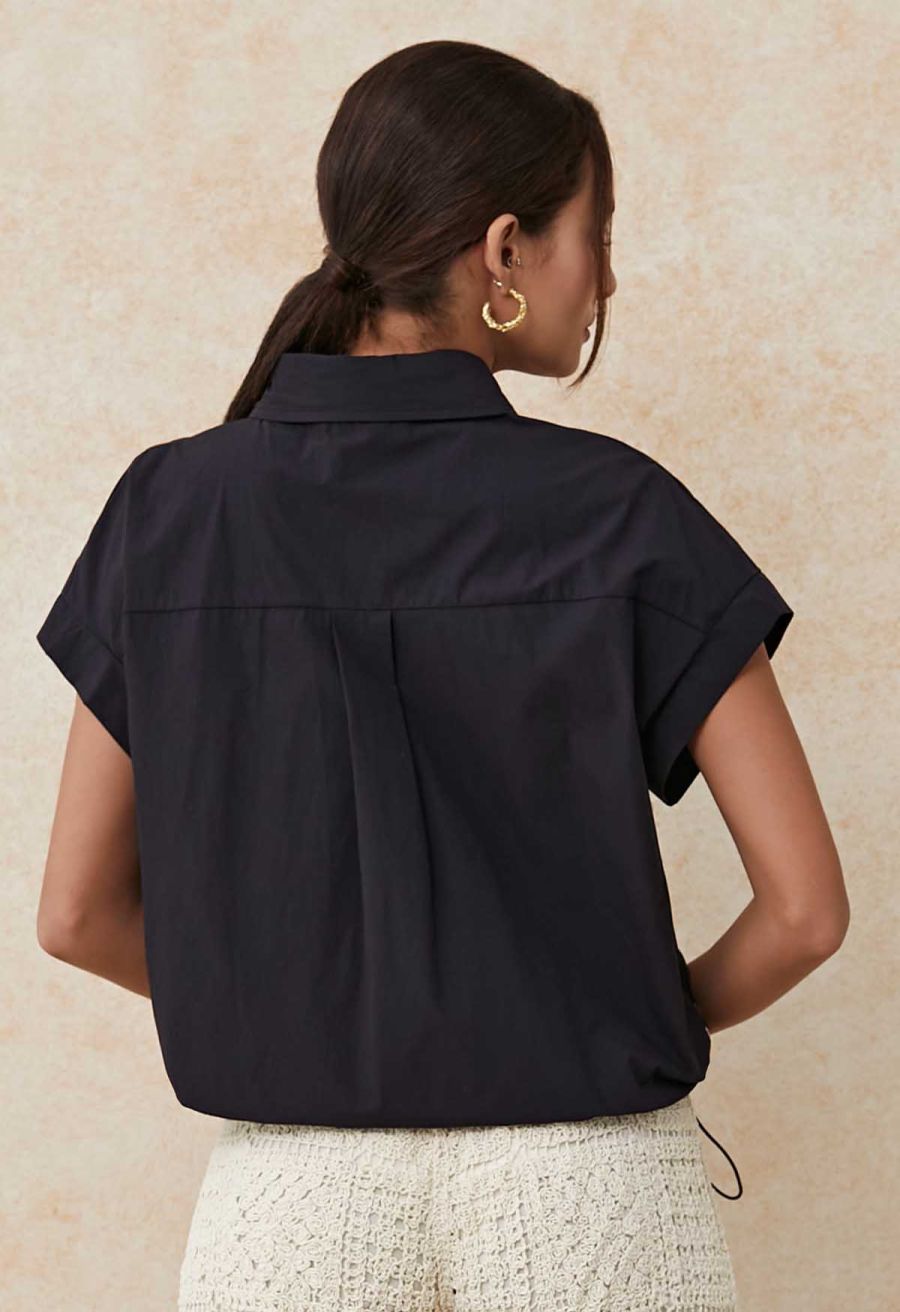 Crochet Patchwork Spliced Rose Embroidery Shirt in Black