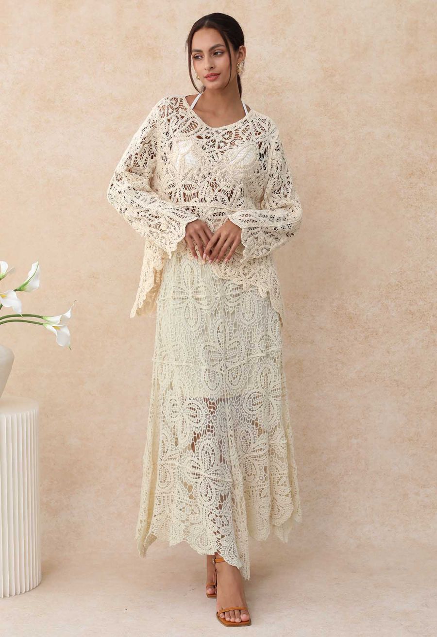 Romantic Floral Open-Knit Crochet Asymmetric Maxi Skirt