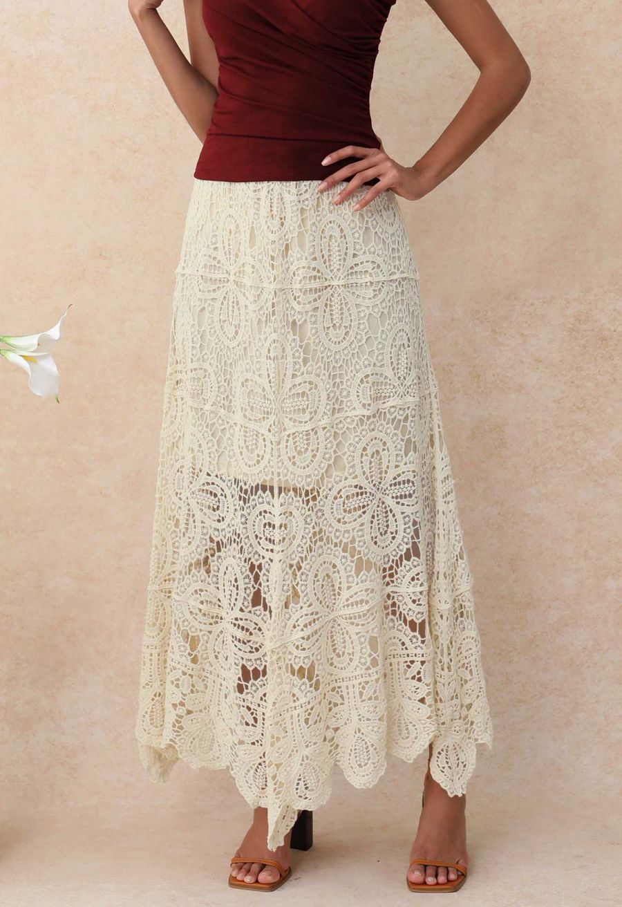 Romantic Floral Open-Knit Crochet Asymmetric Maxi Skirt