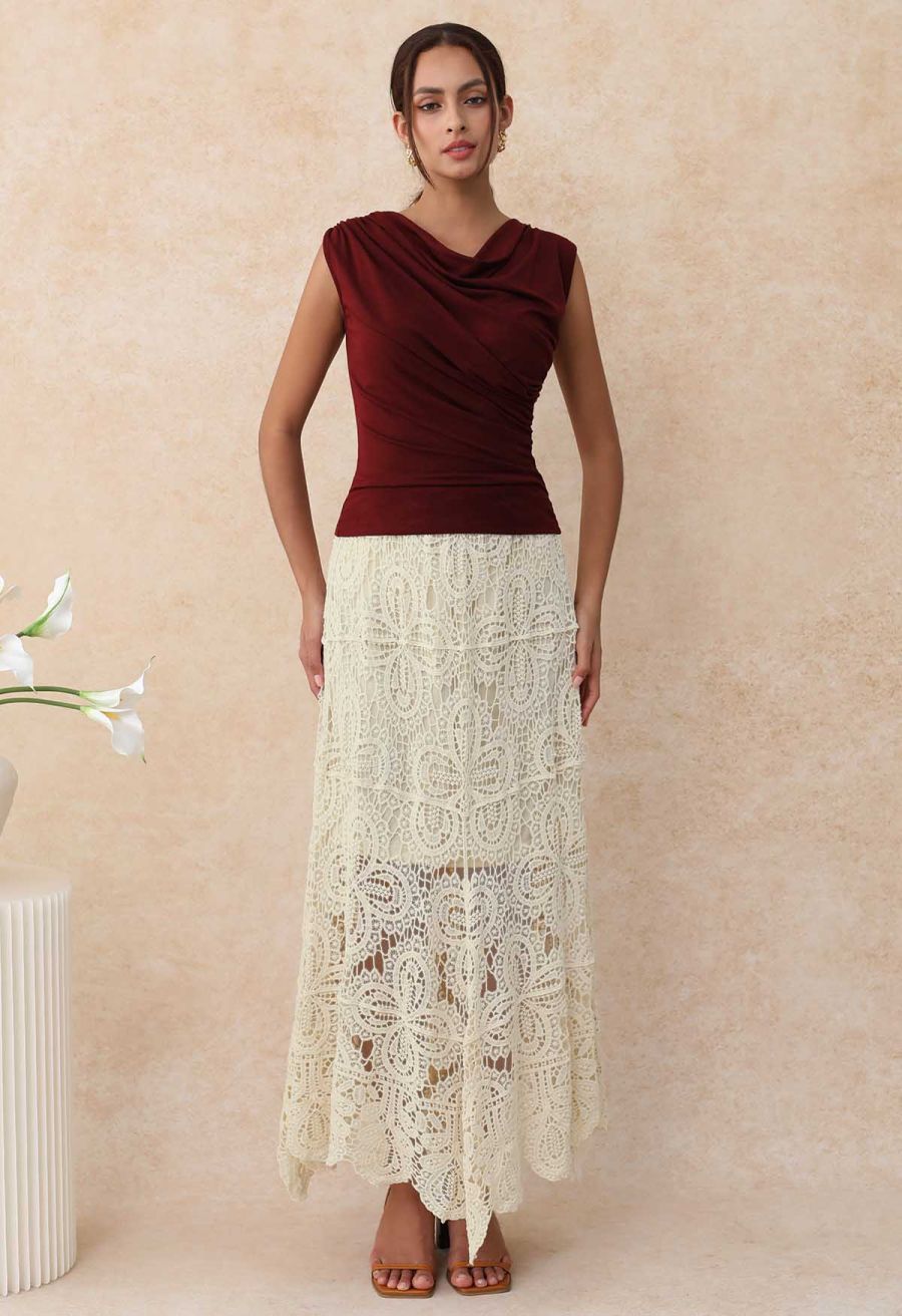 Romantic Floral Open-Knit Crochet Asymmetric Maxi Skirt