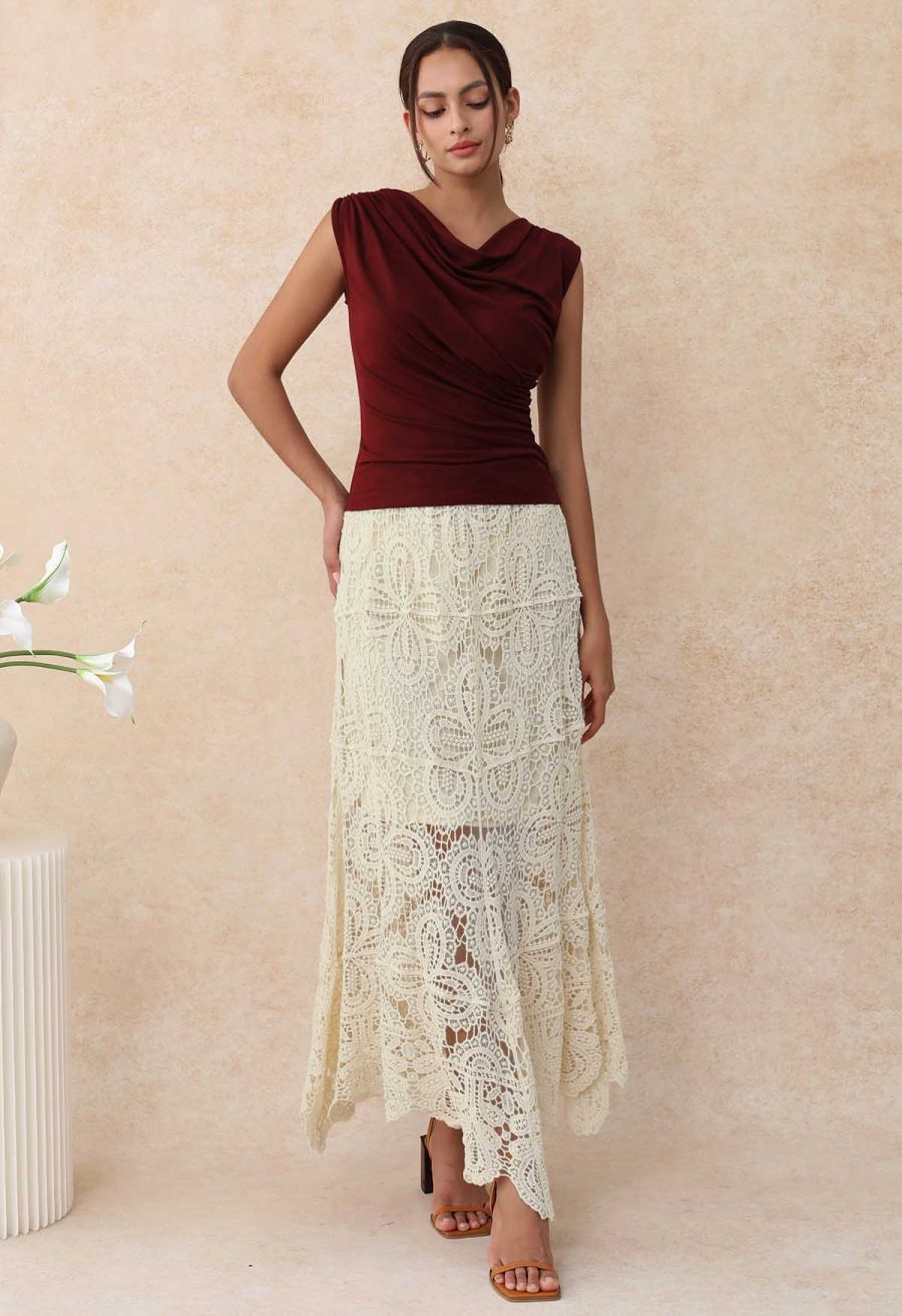 Romantic Floral Open-Knit Crochet Asymmetric Maxi Skirt