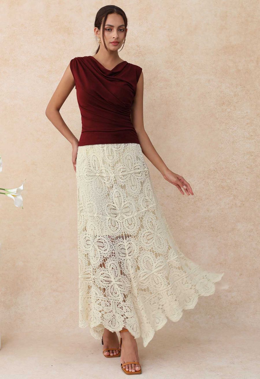 Romantic Floral Open-Knit Crochet Asymmetric Maxi Skirt