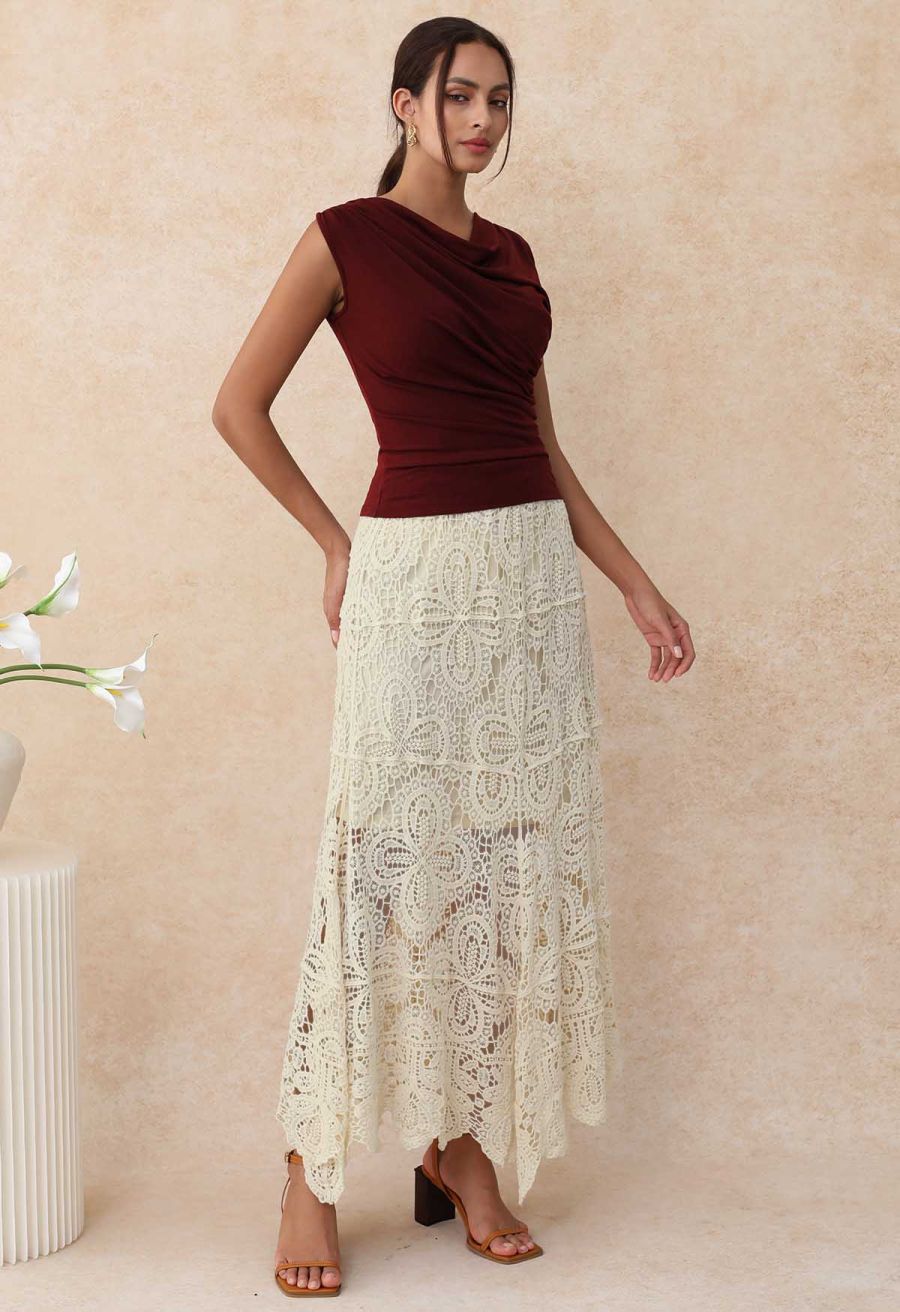 Romantic Floral Open-Knit Crochet Asymmetric Maxi Skirt