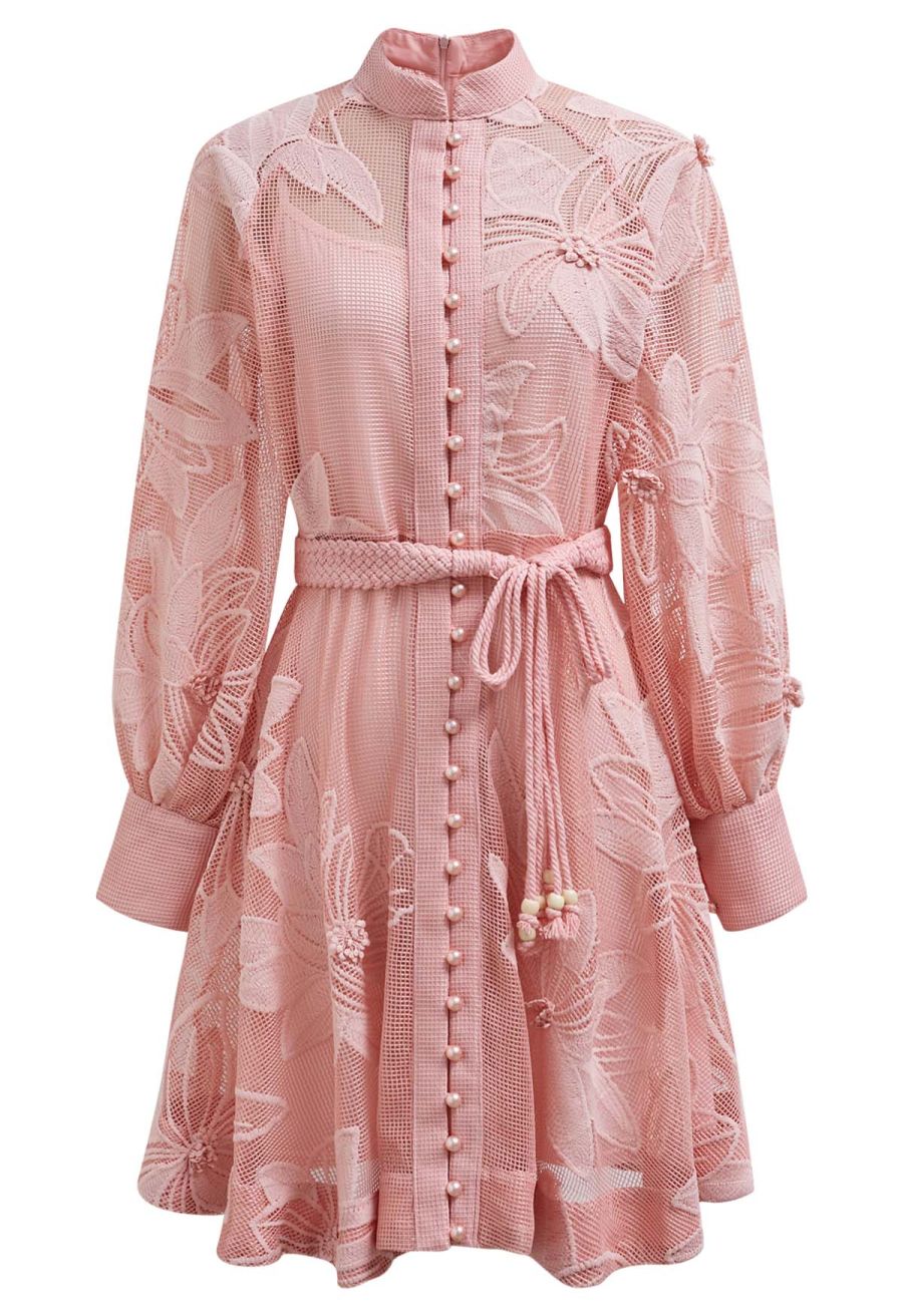 Embroidered Floral Belted Fishnet Midi Dress in Pink