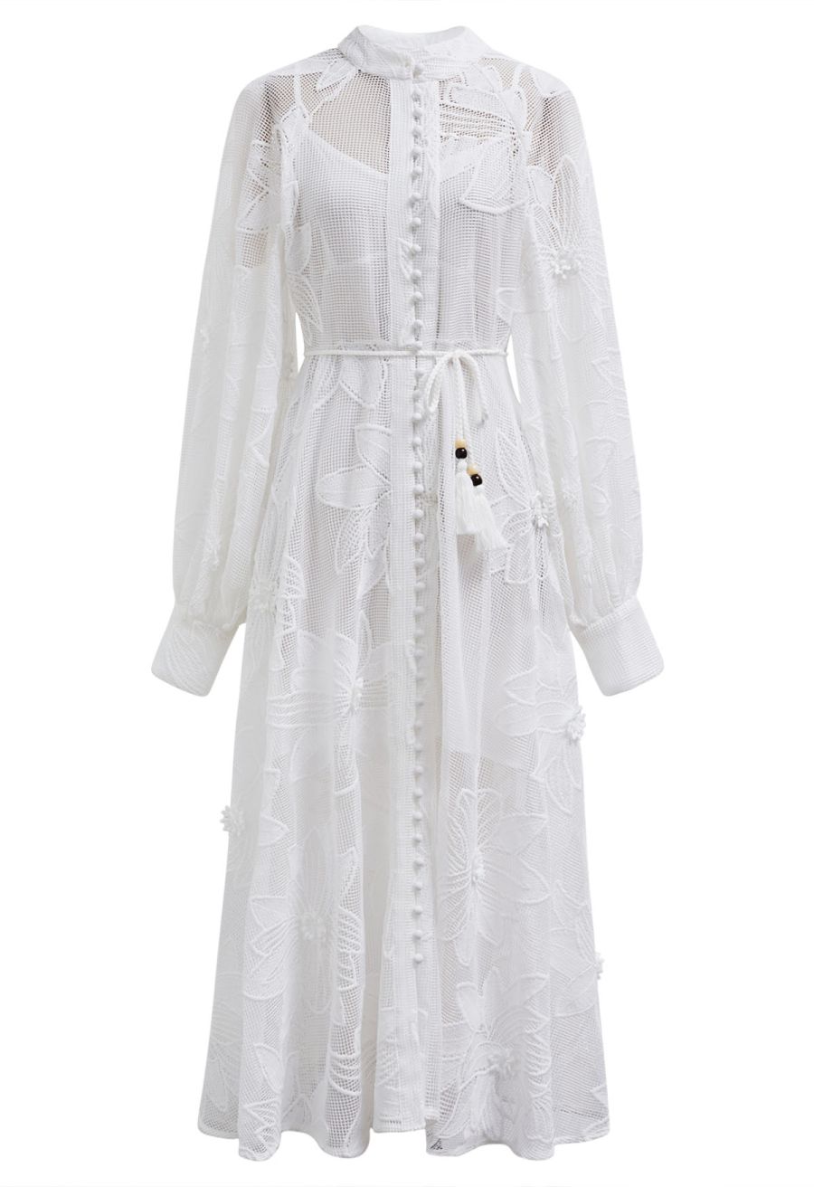 White Embroidered Floral Belted Fishnet Dress