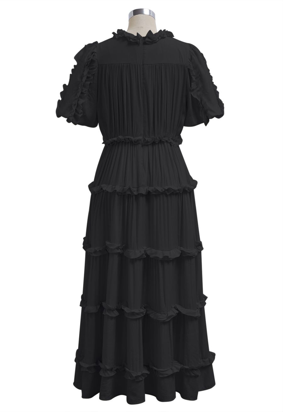 V-Neck Ruffle Embellished Tiered Dress in Black