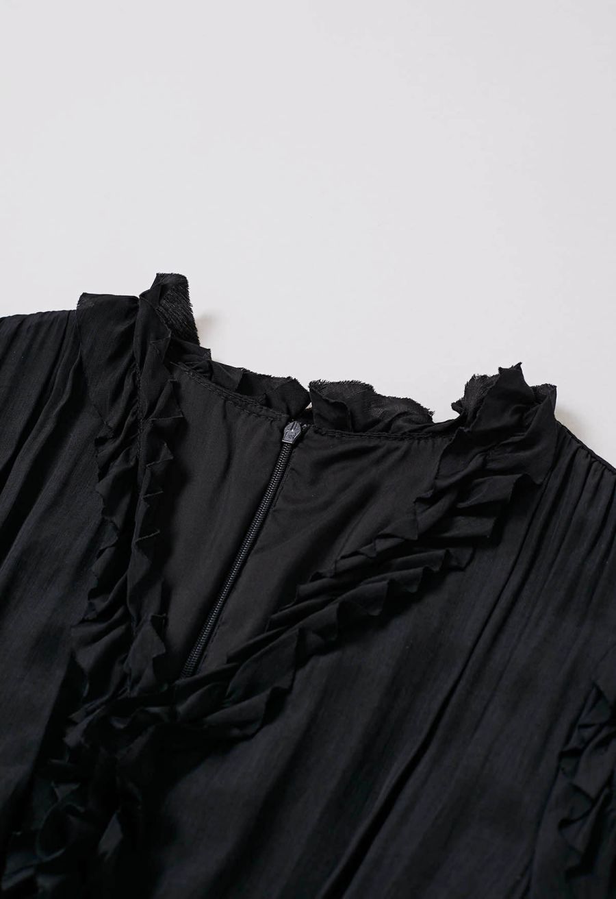 V-Neck Ruffle Embellished Tiered Dress in Black