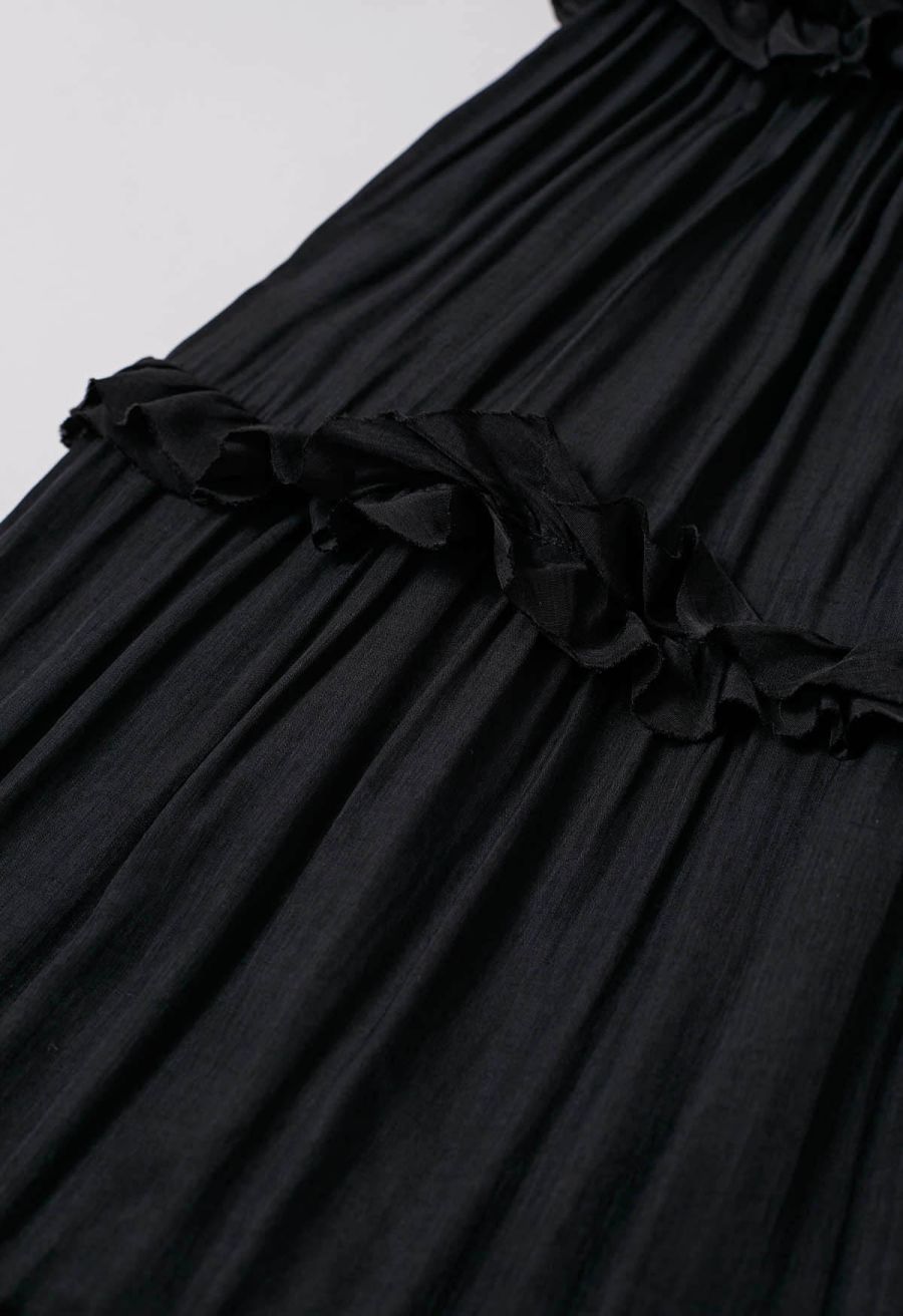 V-Neck Ruffle Embellished Tiered Dress in Black
