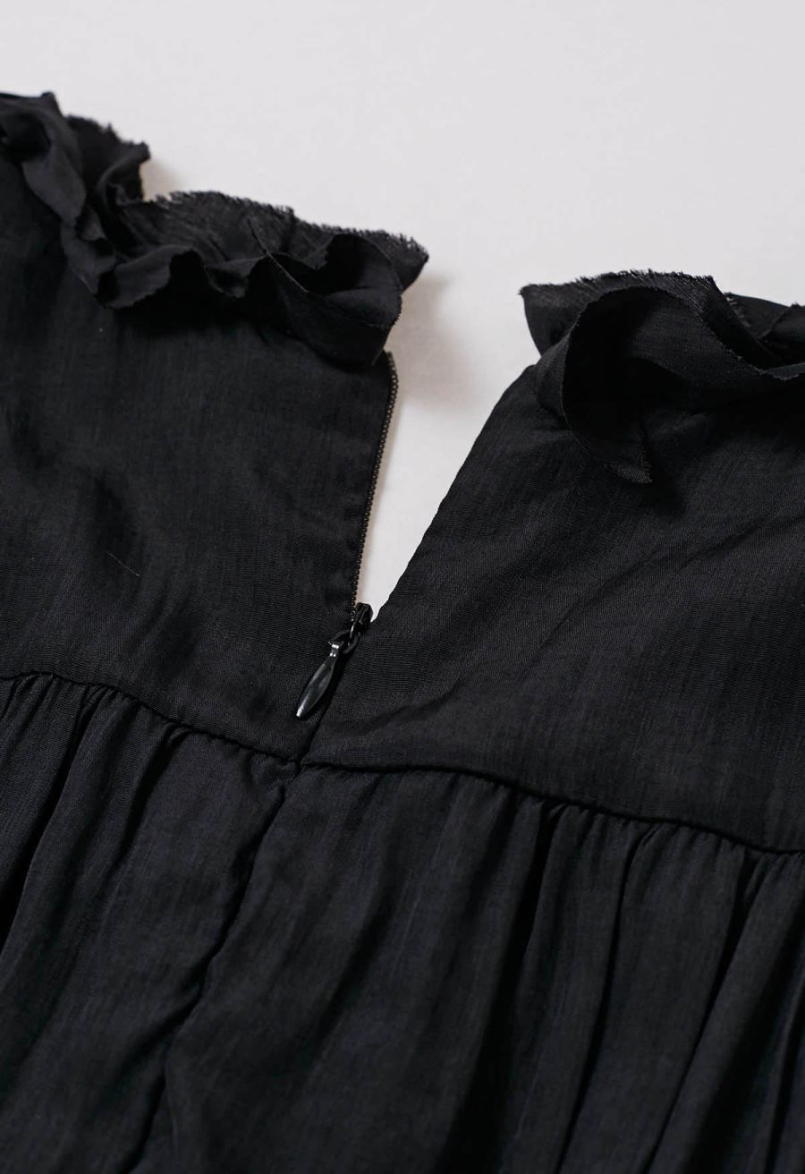 V-Neck Ruffle Embellished Tiered Dress in Black