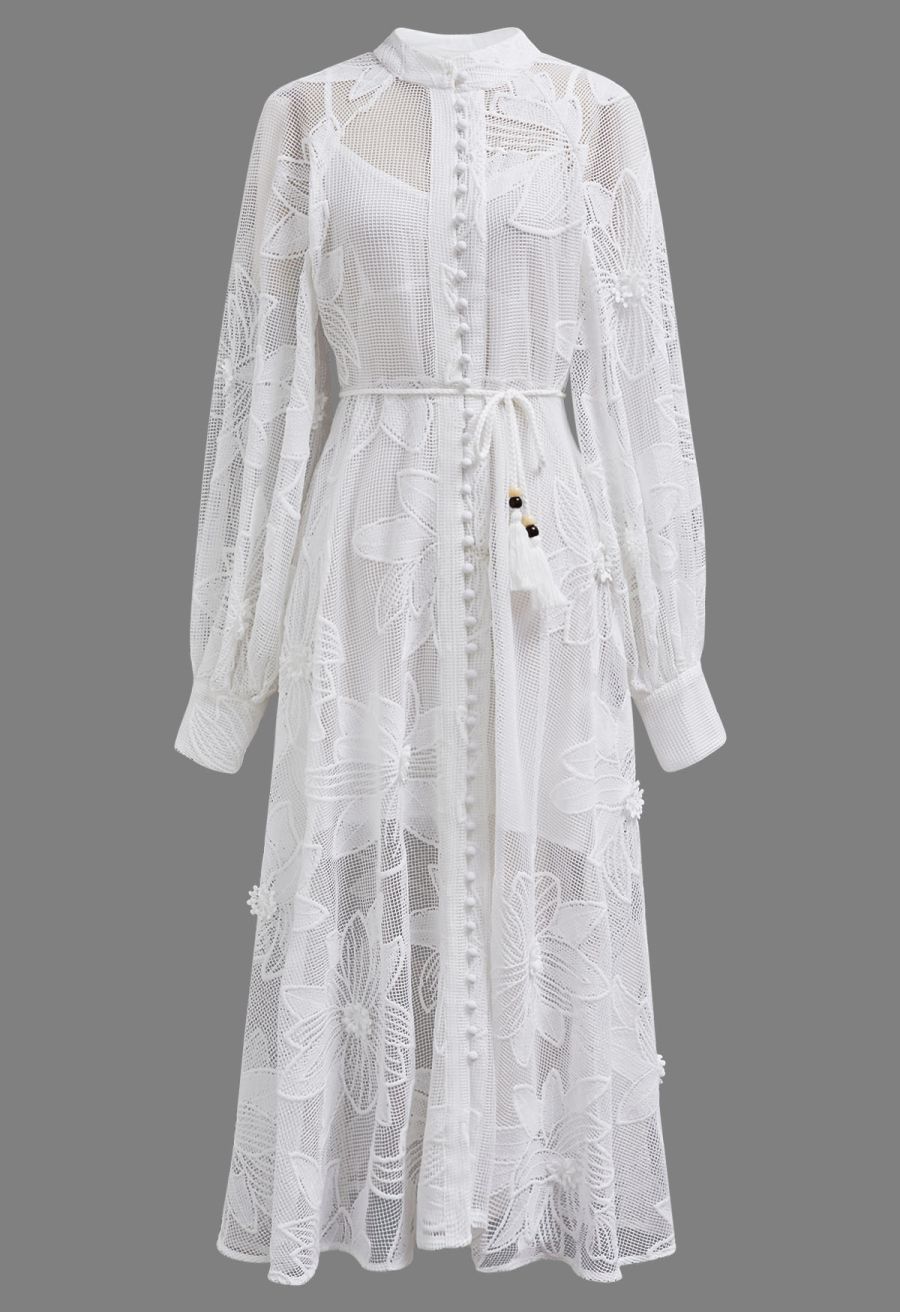White Embroidered Floral Belted Fishnet Dress