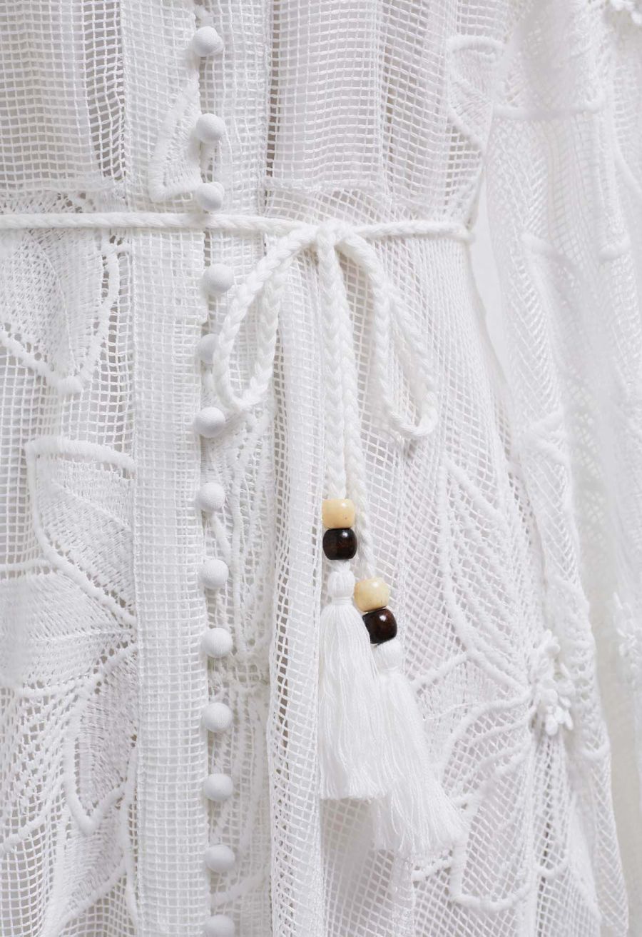 White Embroidered Floral Belted Fishnet Dress