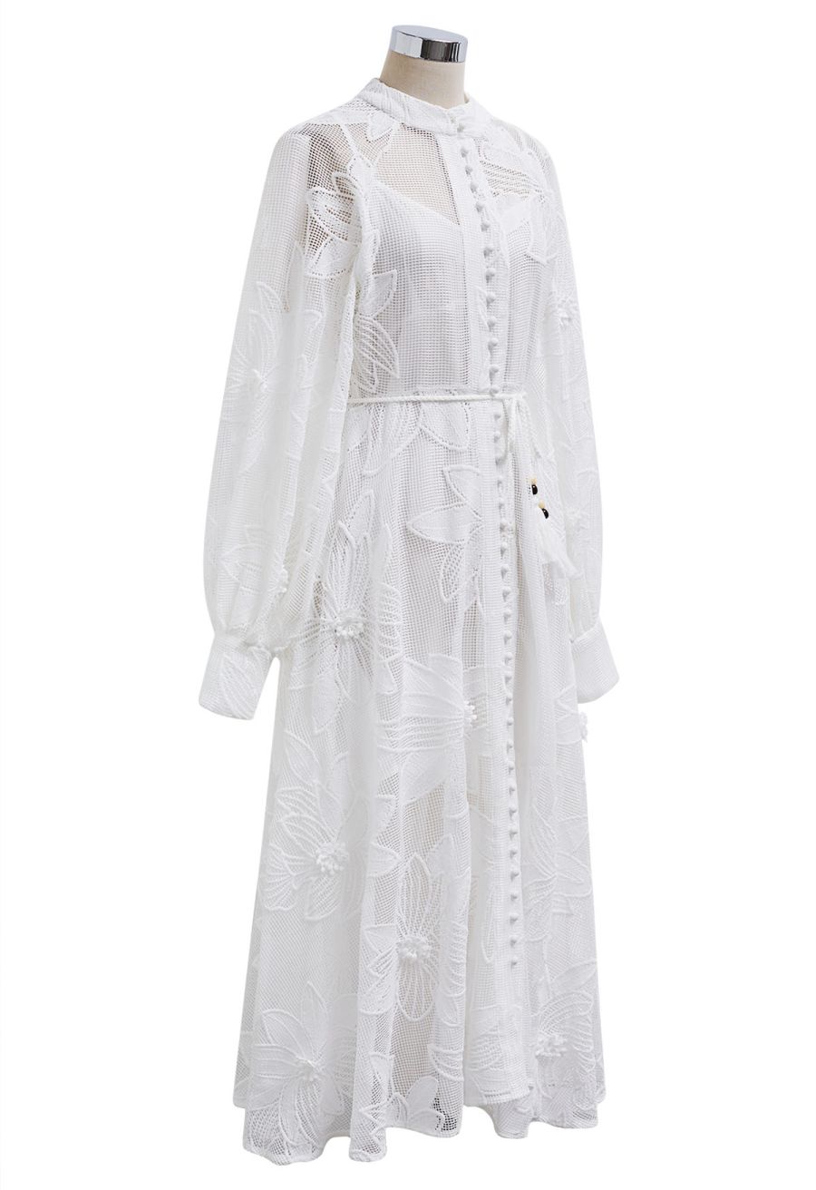 White Embroidered Floral Belted Fishnet Dress