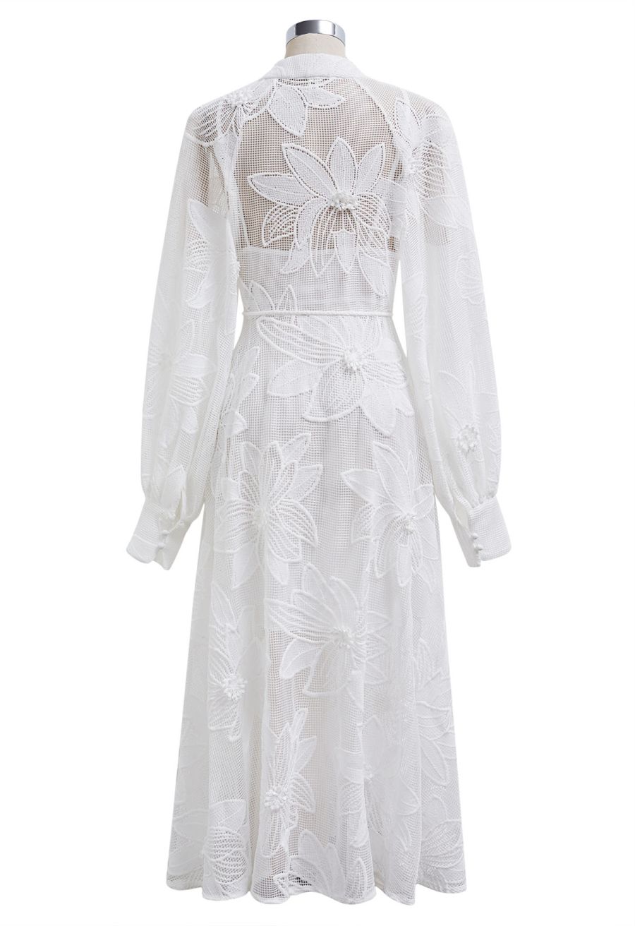 White Embroidered Floral Belted Fishnet Dress