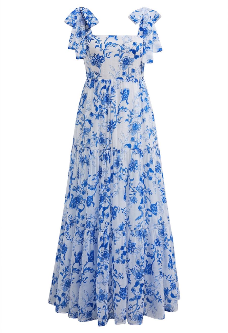 Blue Floral Tie-Shoulder Shirred Tiered Dress