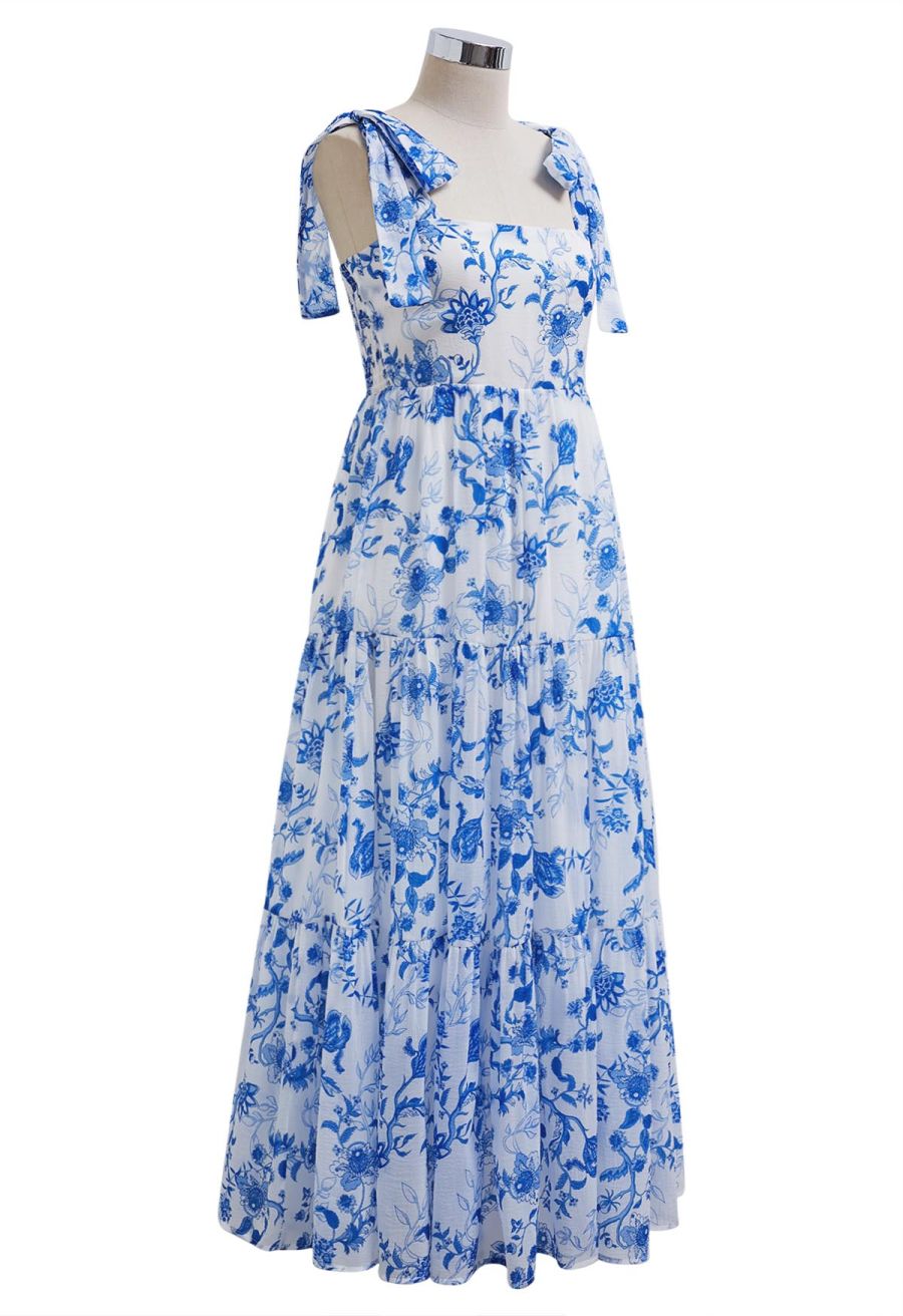 Blue Floral Tie-Shoulder Shirred Tiered Dress
