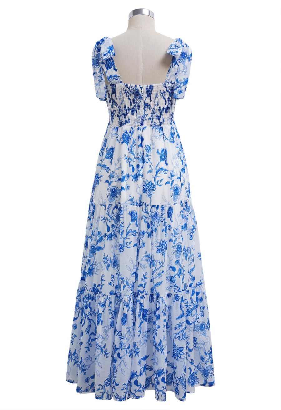 Blue Floral Tie-Shoulder Shirred Tiered Dress