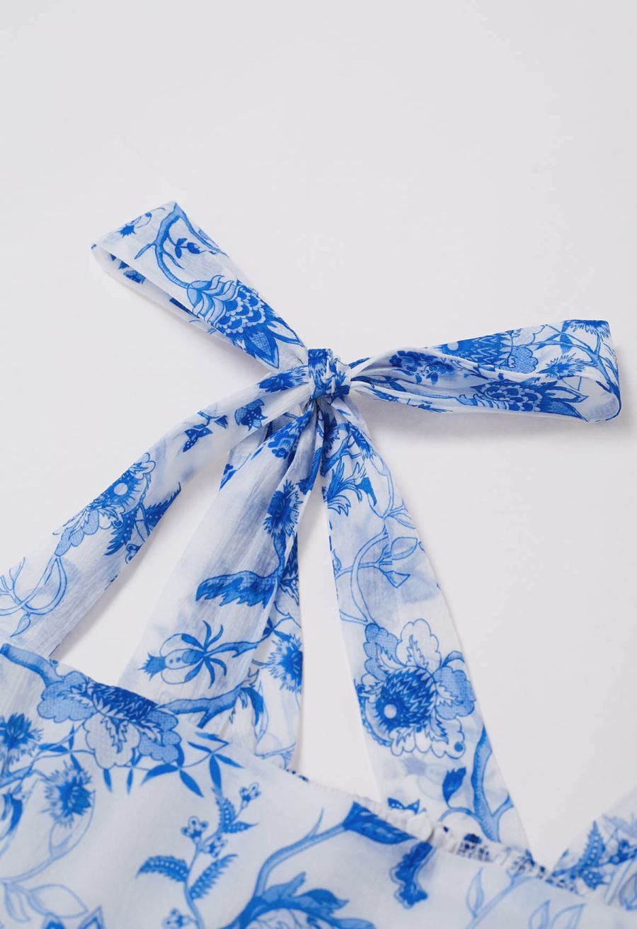 Blue Floral Tie-Shoulder Shirred Tiered Dress