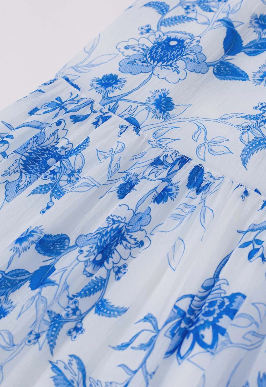 Blue Floral Tie-Shoulder Shirred Tiered Dress