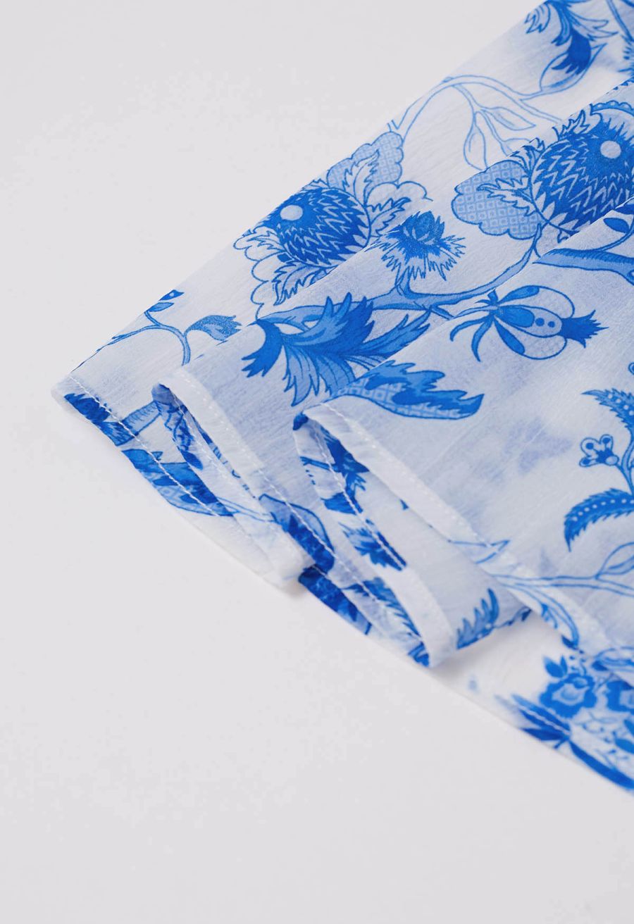 Blue Floral Tie-Shoulder Shirred Tiered Dress