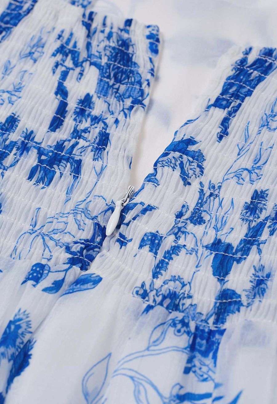 Blue Floral Tie-Shoulder Shirred Tiered Dress