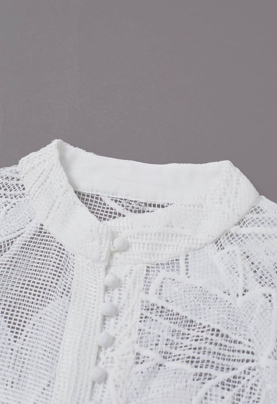 White Embroidered Floral Belted Fishnet Dress