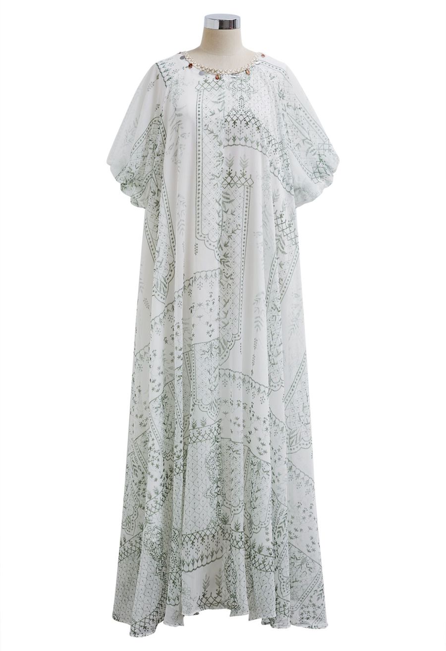 Green Tile Printed Shell Pendant Neckline Maxi Dolly Dress