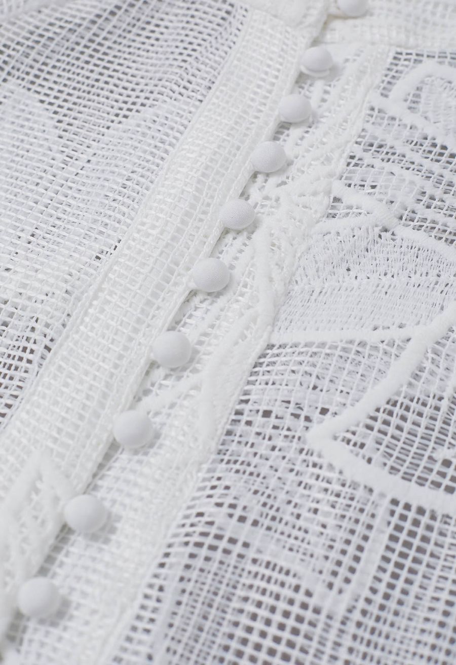 White Embroidered Floral Belted Fishnet Dress