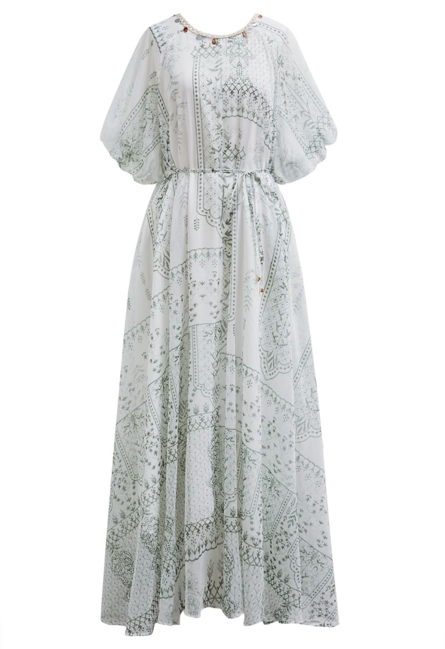 Green Tile Printed Shell Pendant Neckline Maxi Dolly Dress