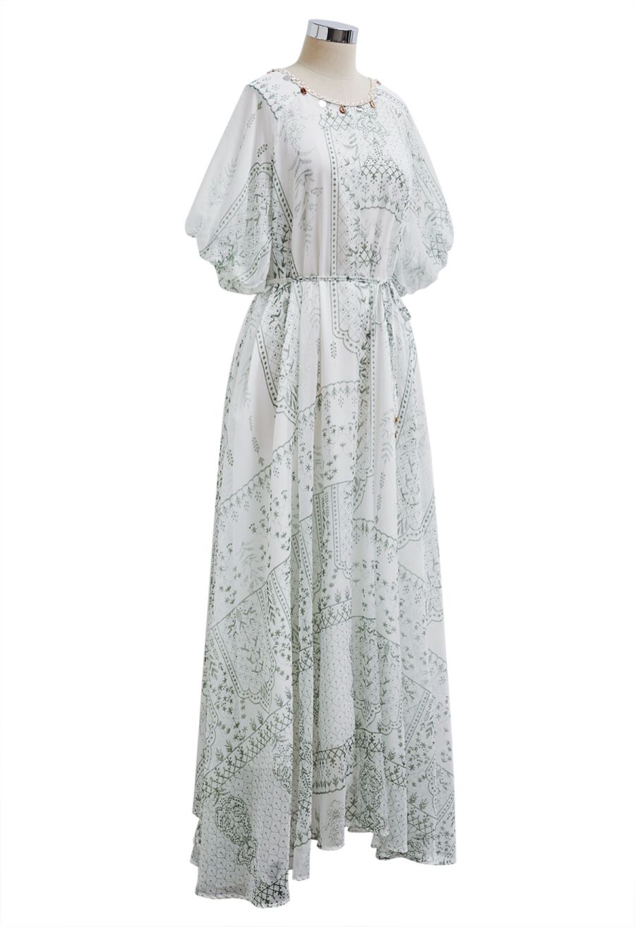 Green Tile Printed Shell Pendant Neckline Maxi Dolly Dress