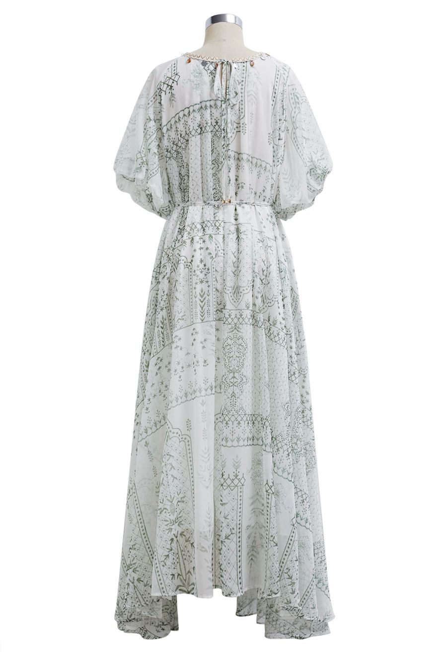 Green Tile Printed Shell Pendant Neckline Maxi Dolly Dress