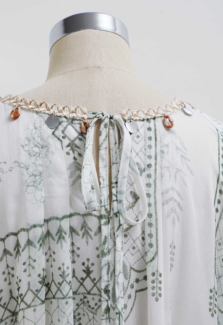 Green Tile Printed Shell Pendant Neckline Maxi Dolly Dress