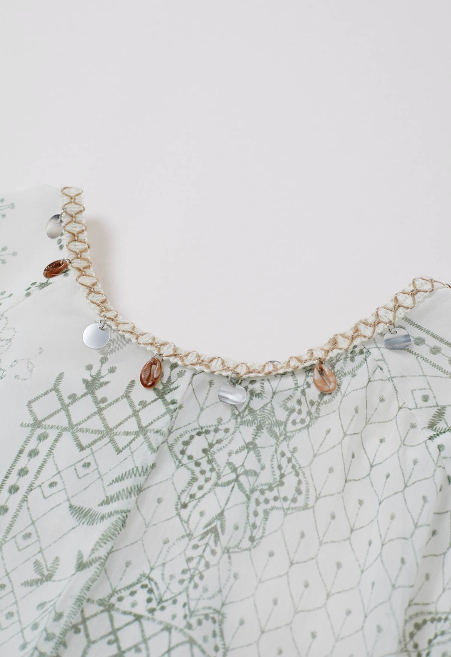 Green Tile Printed Shell Pendant Neckline Maxi Dolly Dress