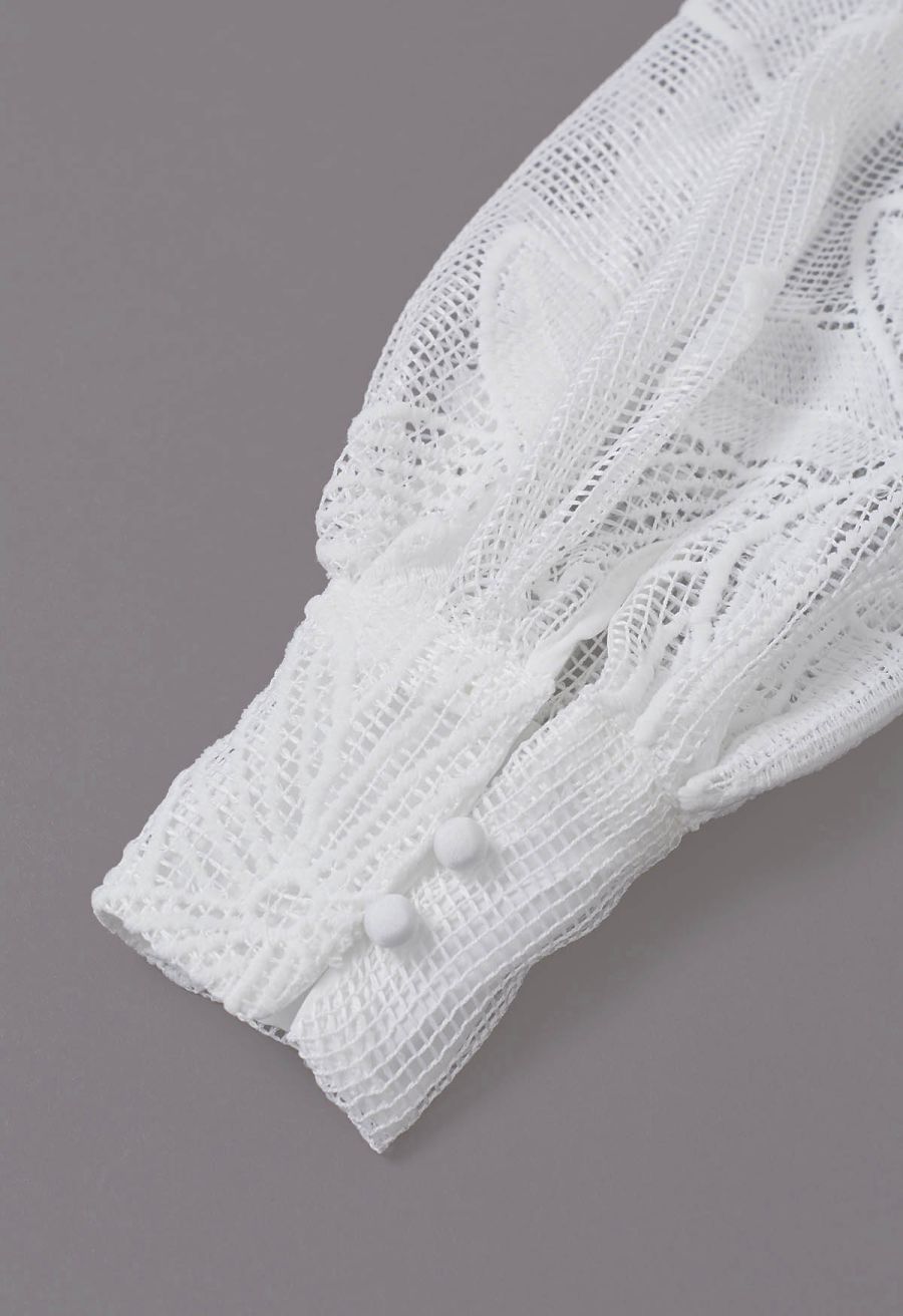 White Embroidered Floral Belted Fishnet Dress