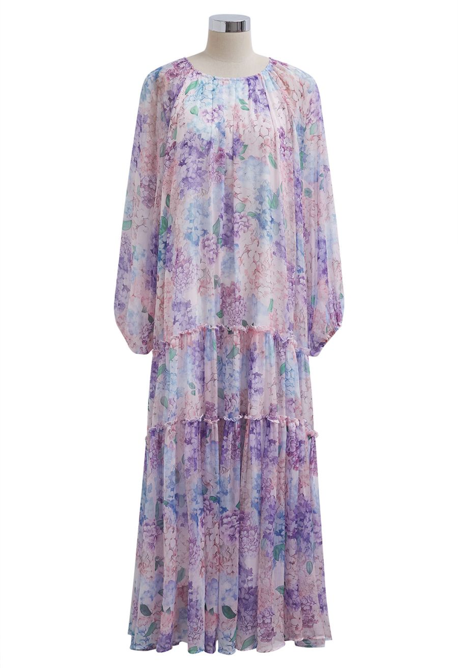 Hydrangea Printed Ruffle Lantern Sleeve Maxi Dress