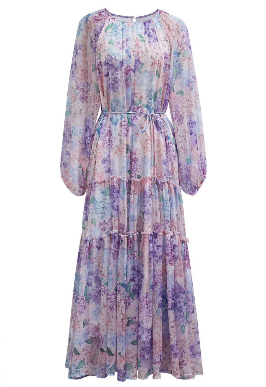 Hydrangea Printed Ruffle Lantern Sleeve Maxi Dress