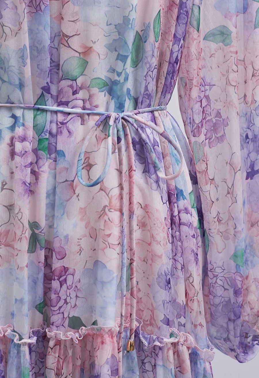 Hydrangea Printed Ruffle Lantern Sleeve Maxi Dress