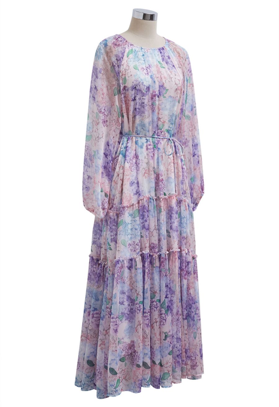 Hydrangea Printed Ruffle Lantern Sleeve Maxi Dress