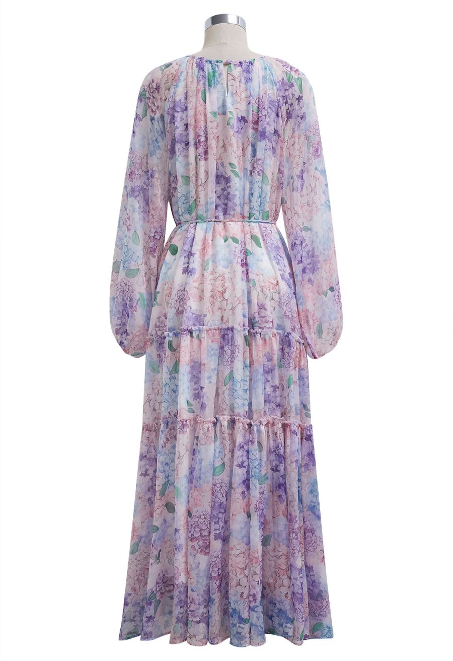 Hydrangea Printed Ruffle Lantern Sleeve Maxi Dress