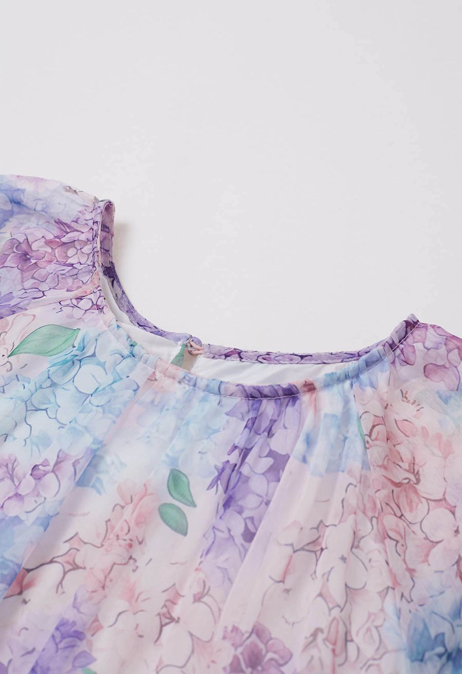 Hydrangea Printed Ruffle Lantern Sleeve Maxi Dress