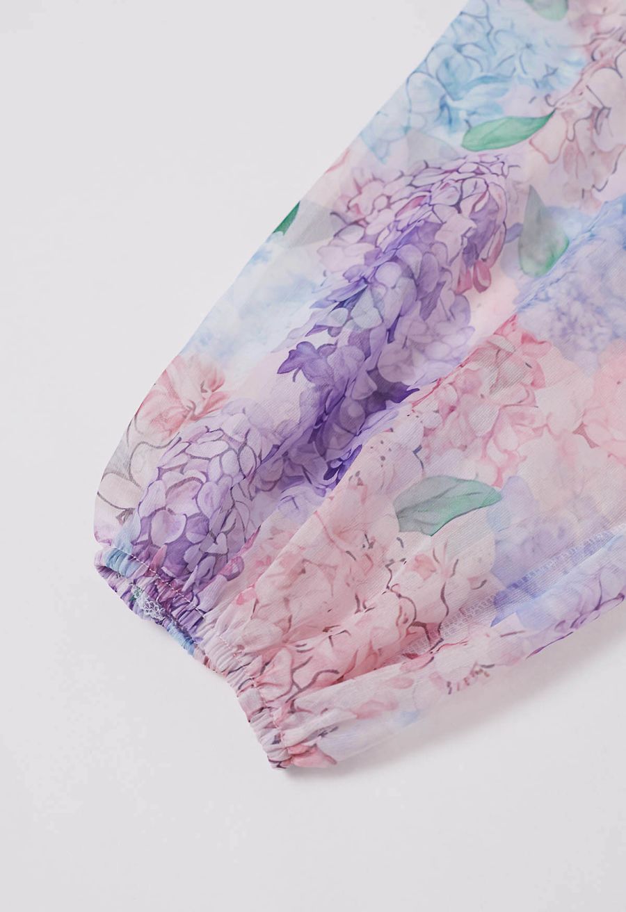 Hydrangea Printed Ruffle Lantern Sleeve Maxi Dress