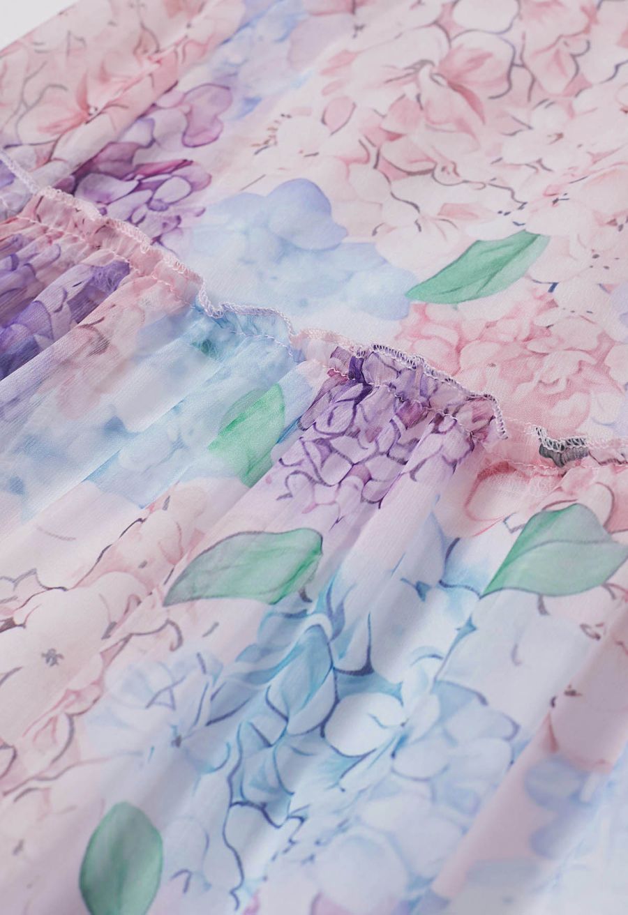 Hydrangea Printed Ruffle Lantern Sleeve Maxi Dress