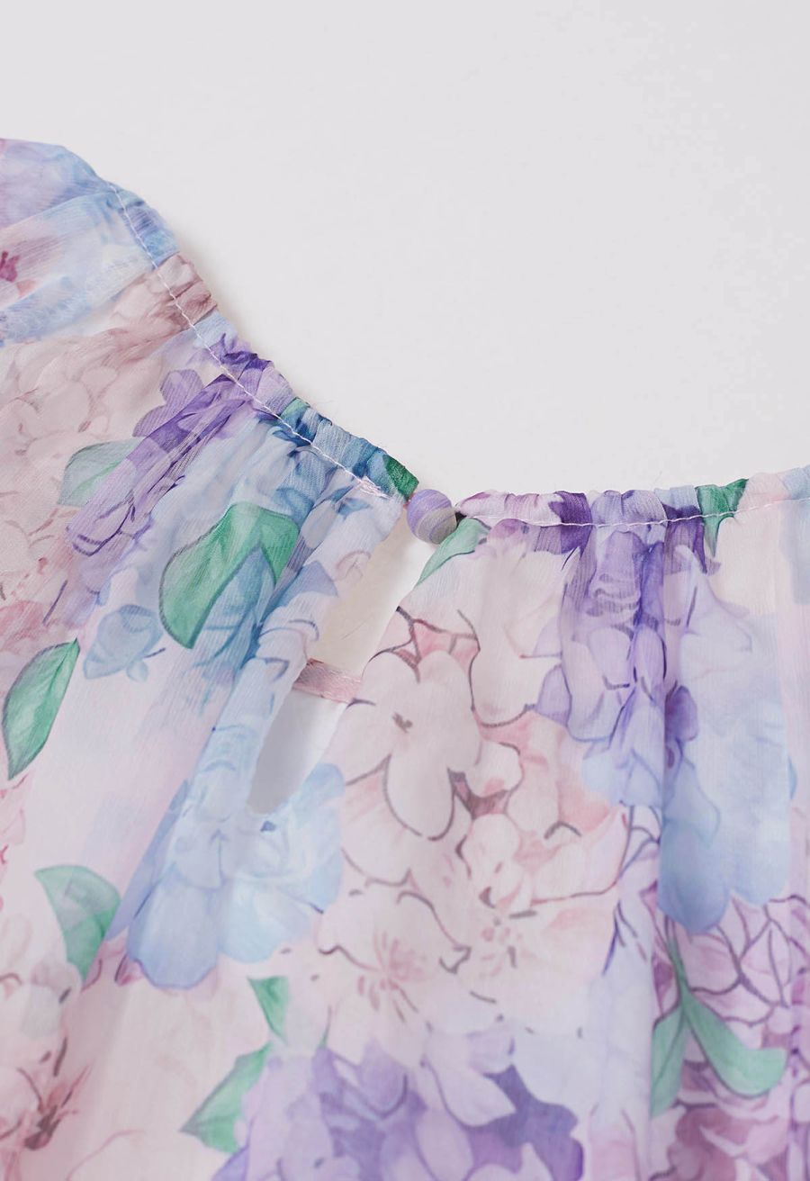 Hydrangea Printed Ruffle Lantern Sleeve Maxi Dress