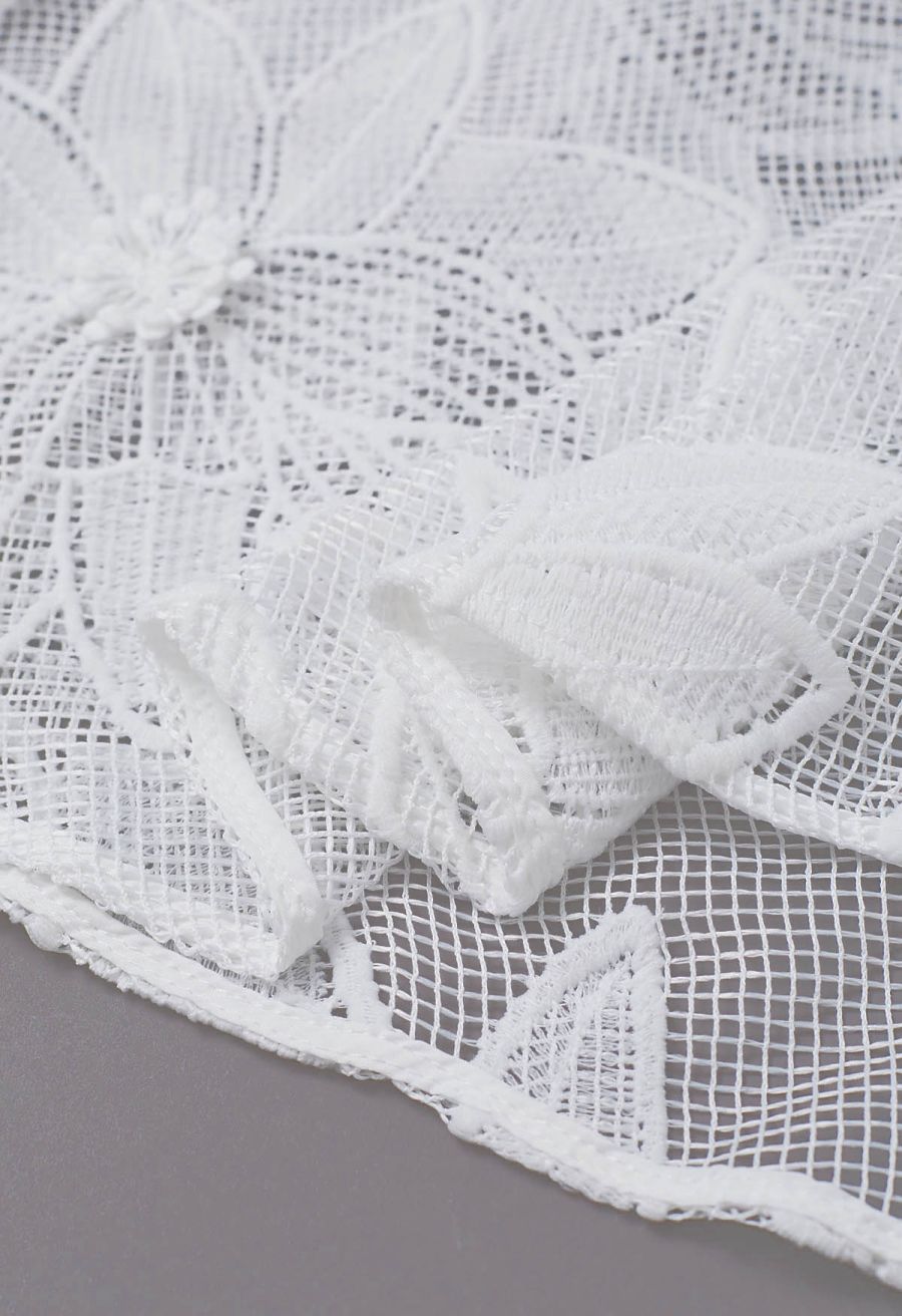 White Embroidered Floral Belted Fishnet Dress