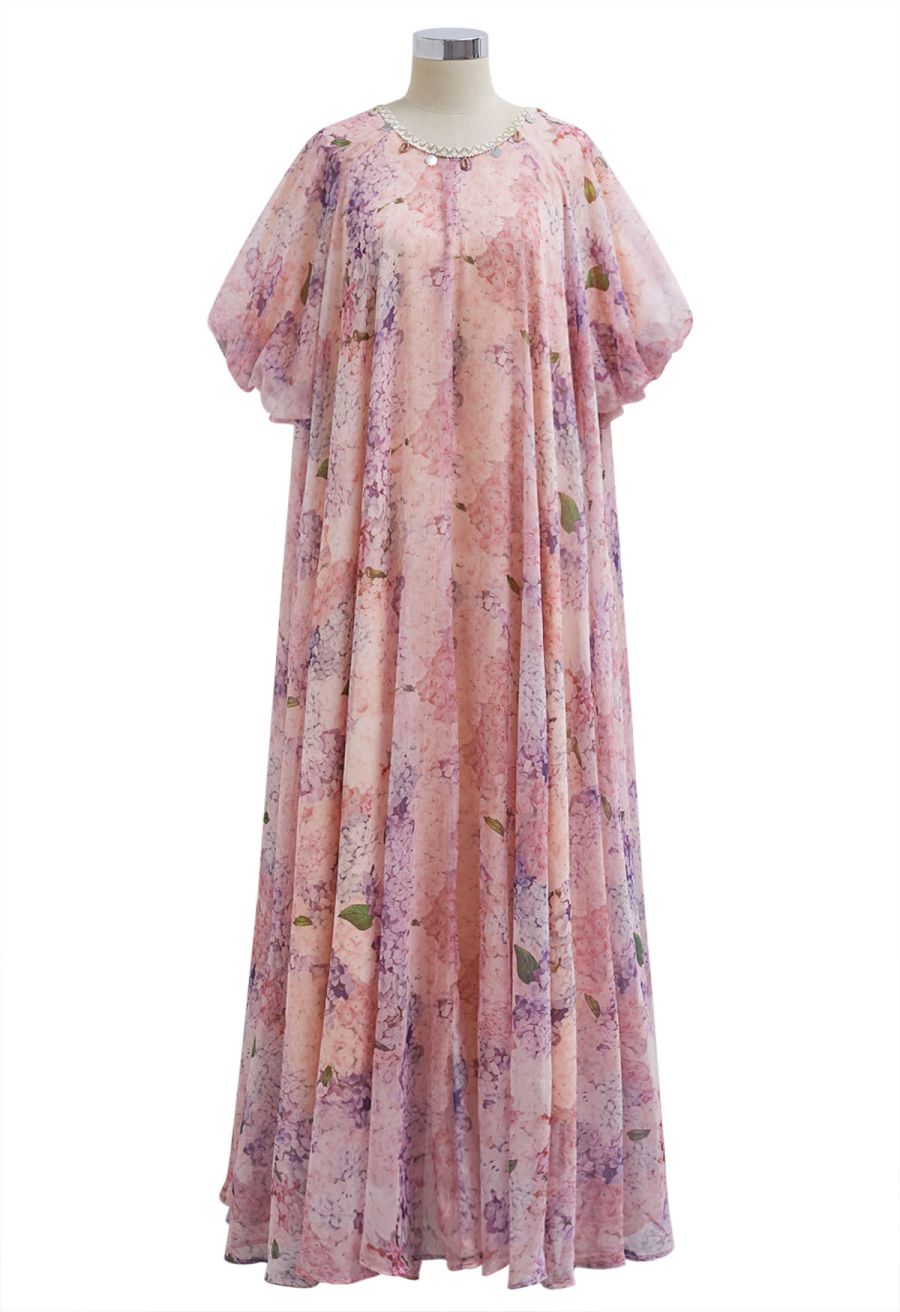 Hydrangea Printed Shell Pendant Neckline Maxi Dolly Dress